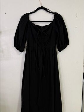 Black Puff-Sleeve Midi Dress with Tie Front